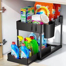 tidymax 2-tier under sink organizer – sliding cabinet storage rack with hooks & hanging cup for bathroom & kitchen organ