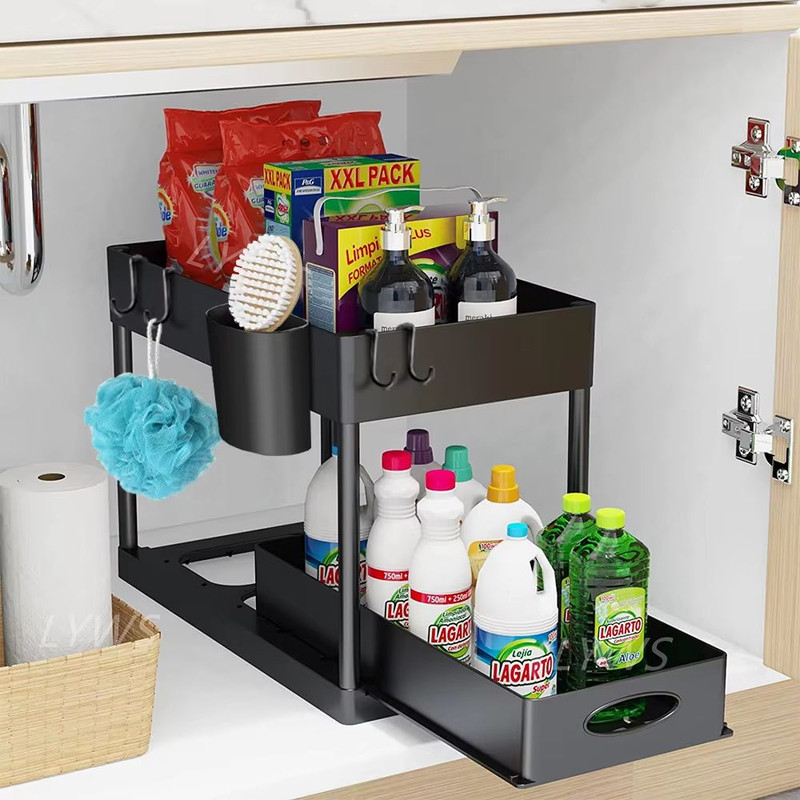 TidyMax 2Tier Under Sink Organizer Sliding Cabinet Storage Rack With Hooks Hanging Cup For Bathro 1