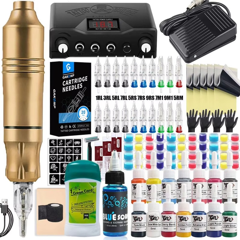 Professional Rotary Tattoo Machine Kit Complete Tattoo Pen Set With Power Supply Needles 9