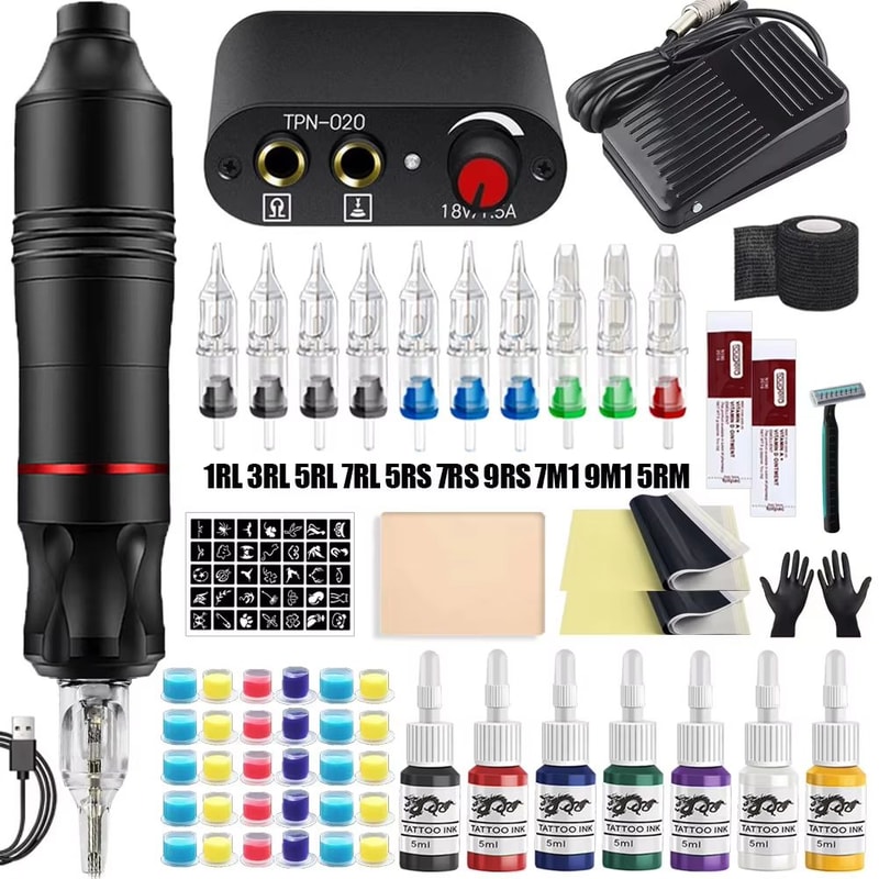 Professional Rotary Tattoo Machine Kit Complete Tattoo Pen Set With Power Supply Needles 11