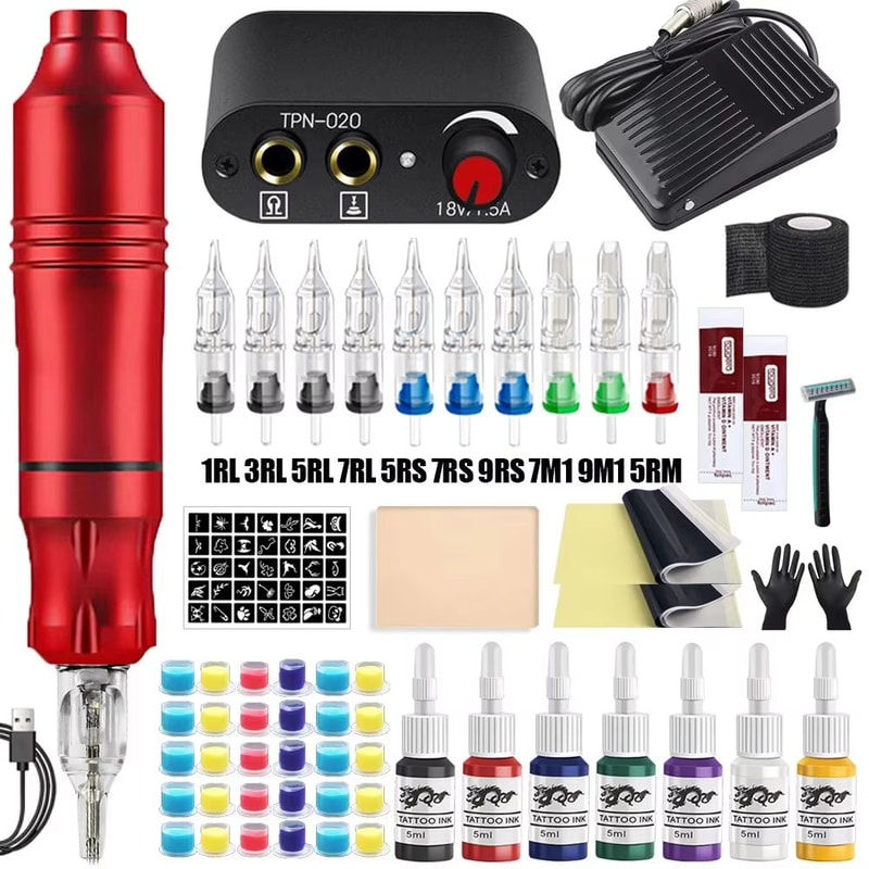 Professional Rotary Tattoo Machine Kit Complete Tattoo Pen Set With Power Supply Needles 12