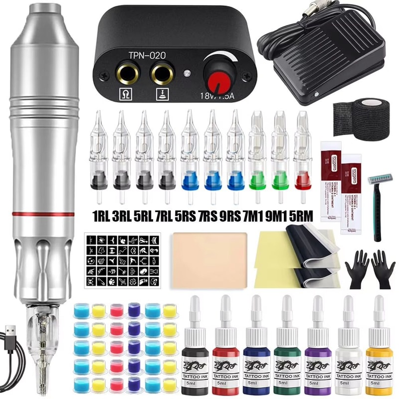 Professional Rotary Tattoo Machine Kit Complete Tattoo Pen Set With Power Supply Needles 14