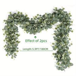 artificial eucalyptus garland with white flowers & berries – realistic fake plant vine for home & event decor