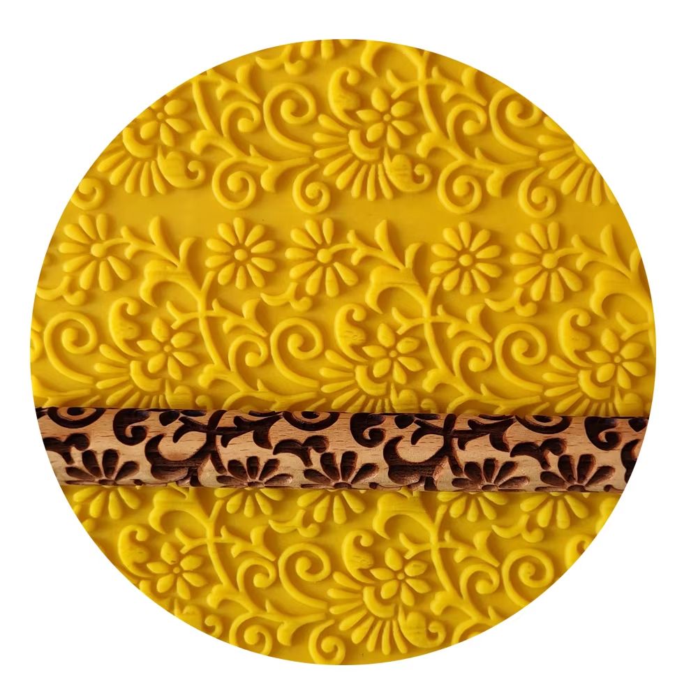 Flower Design Wooden Embossed Rolling Pin Natural 3D Baking Tool For Cookies Fondant Pastry 3