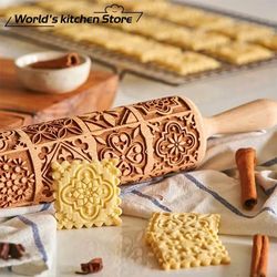 christmas wooden embossed rolling pin – snowflake & reindeer design for festive cookies, fondant & pastries