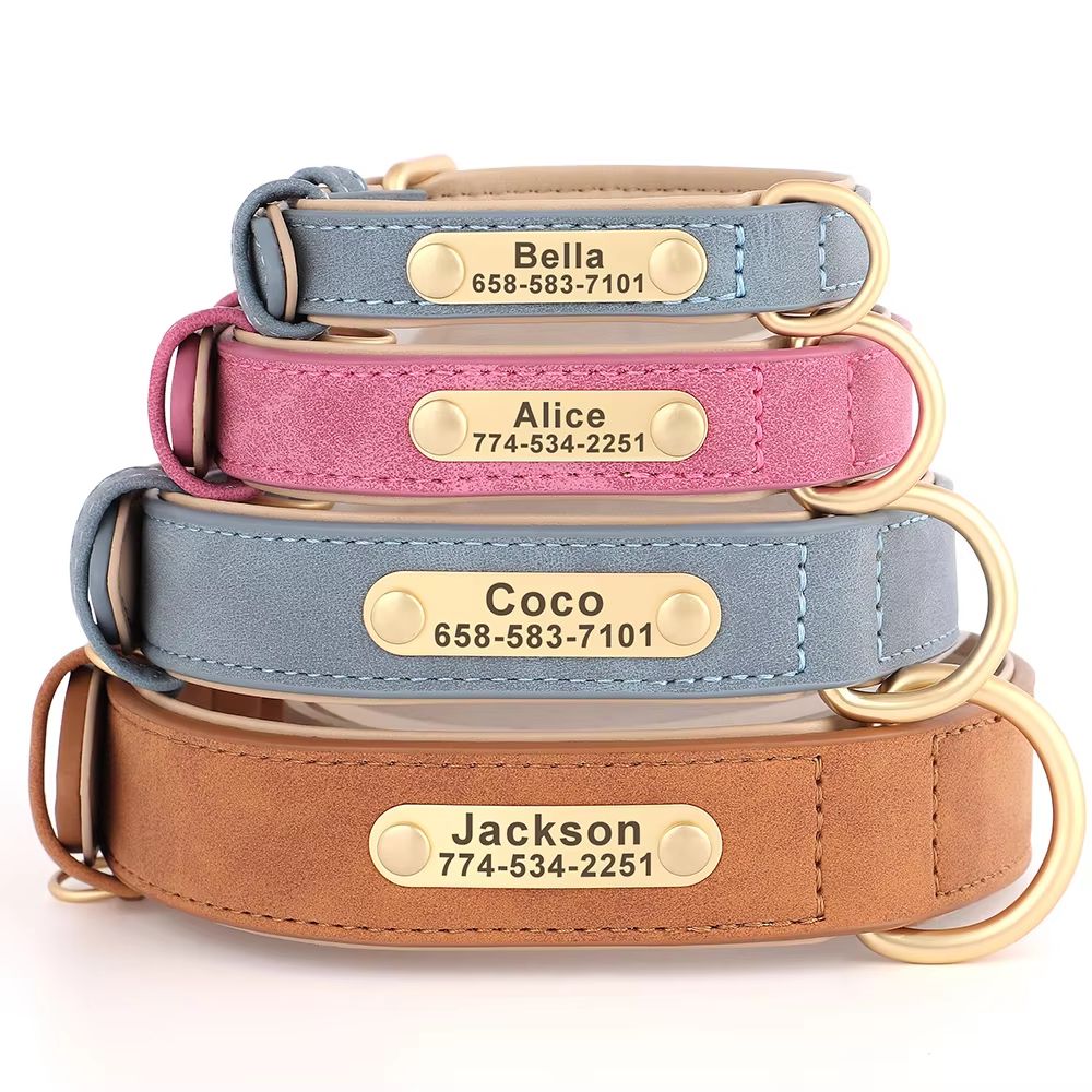 Custom Engraved PU Leather Dog Collar With Personalized ID Nameplate 1