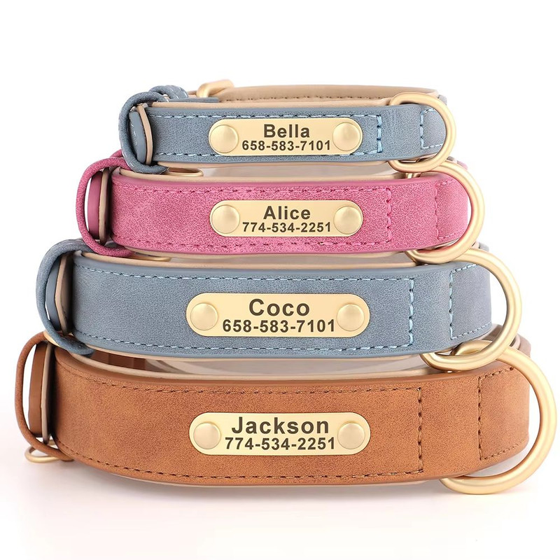 Custom Engraved PU Leather Dog Collar With Personalized ID Nameplate 1