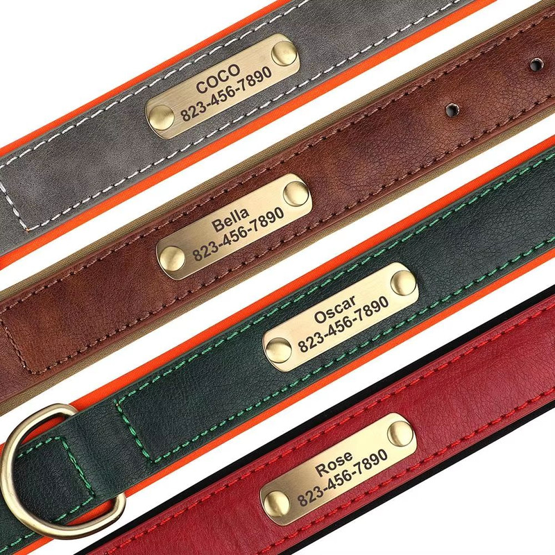 Custom Engraved PU Leather Dog Collar With Personalized ID Nameplate 4