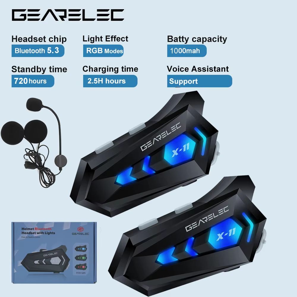 GEARELEC X11 Bluetooth Motorcycle Helmet Headset Waterproof NoiseCancelling TriColor Light 300m I 0