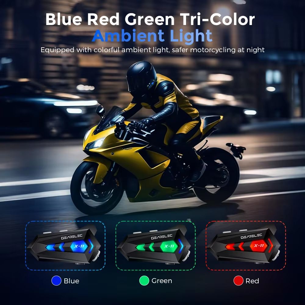 GEARELEC X11 Bluetooth Motorcycle Helmet Headset Waterproof NoiseCancelling TriColor Light 300m I 1