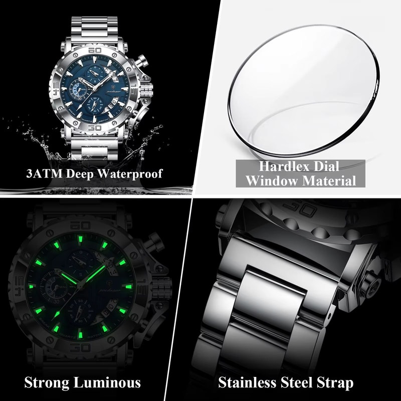 POEDAGAR Luxury Mens Stainless Steel Chronograph Watch Waterproof Luminous Calendar Quartz 3