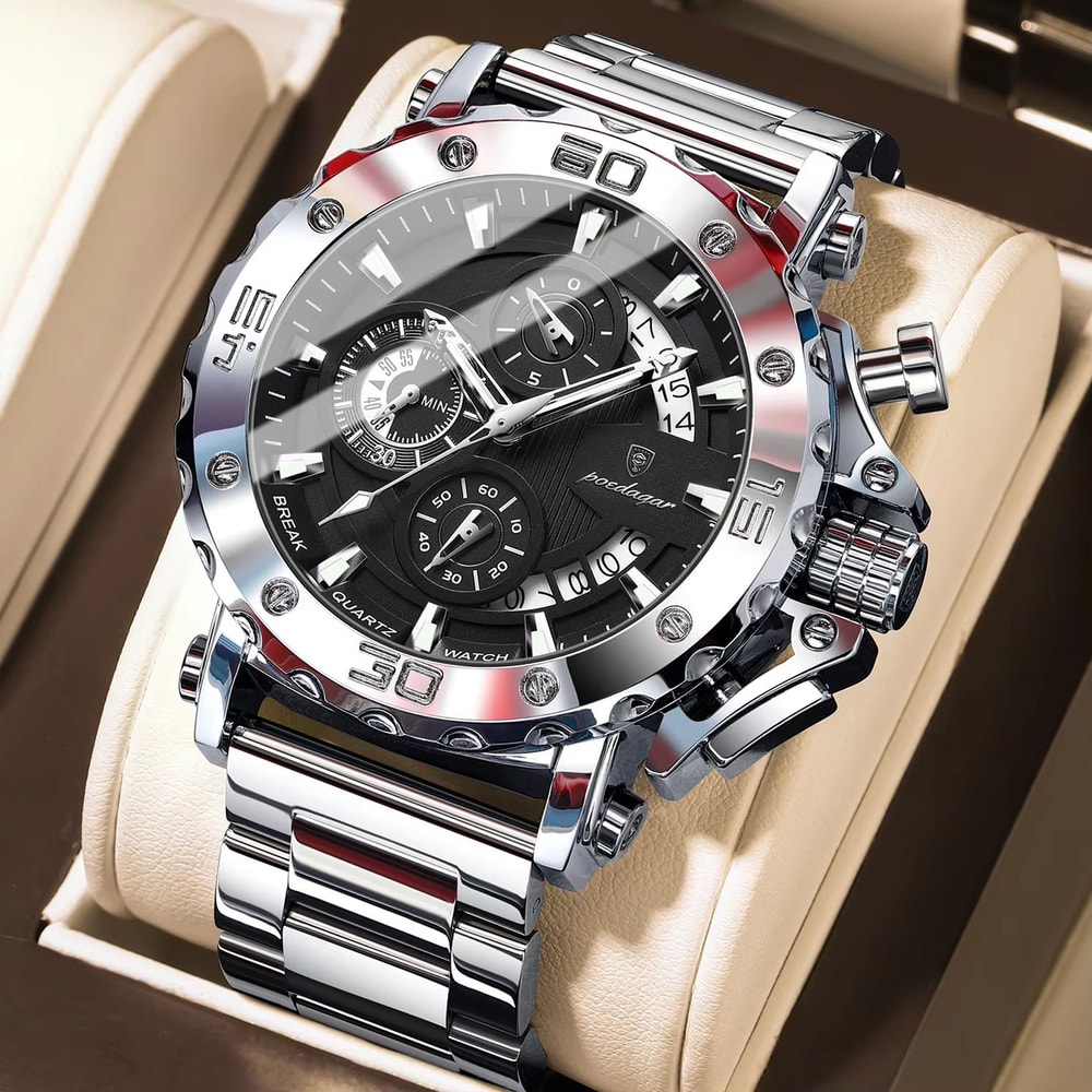 POEDAGAR Luxury Mens Stainless Steel Chronograph Watch Waterproof Luminous Calendar Quartz 7