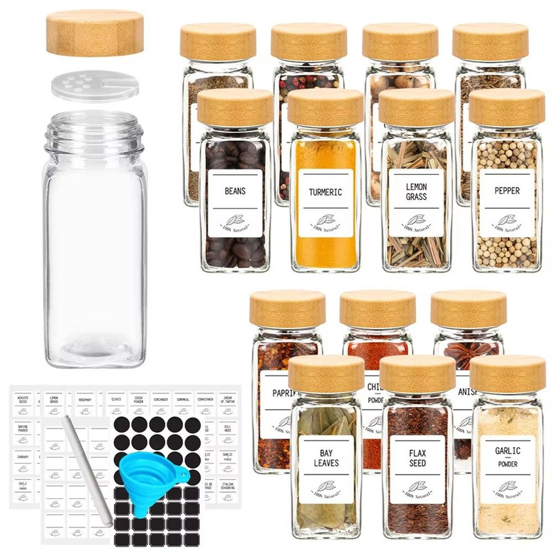 12Piece Glass Spice Jar Set With Bamboo Lids  Minimalist Labels 0