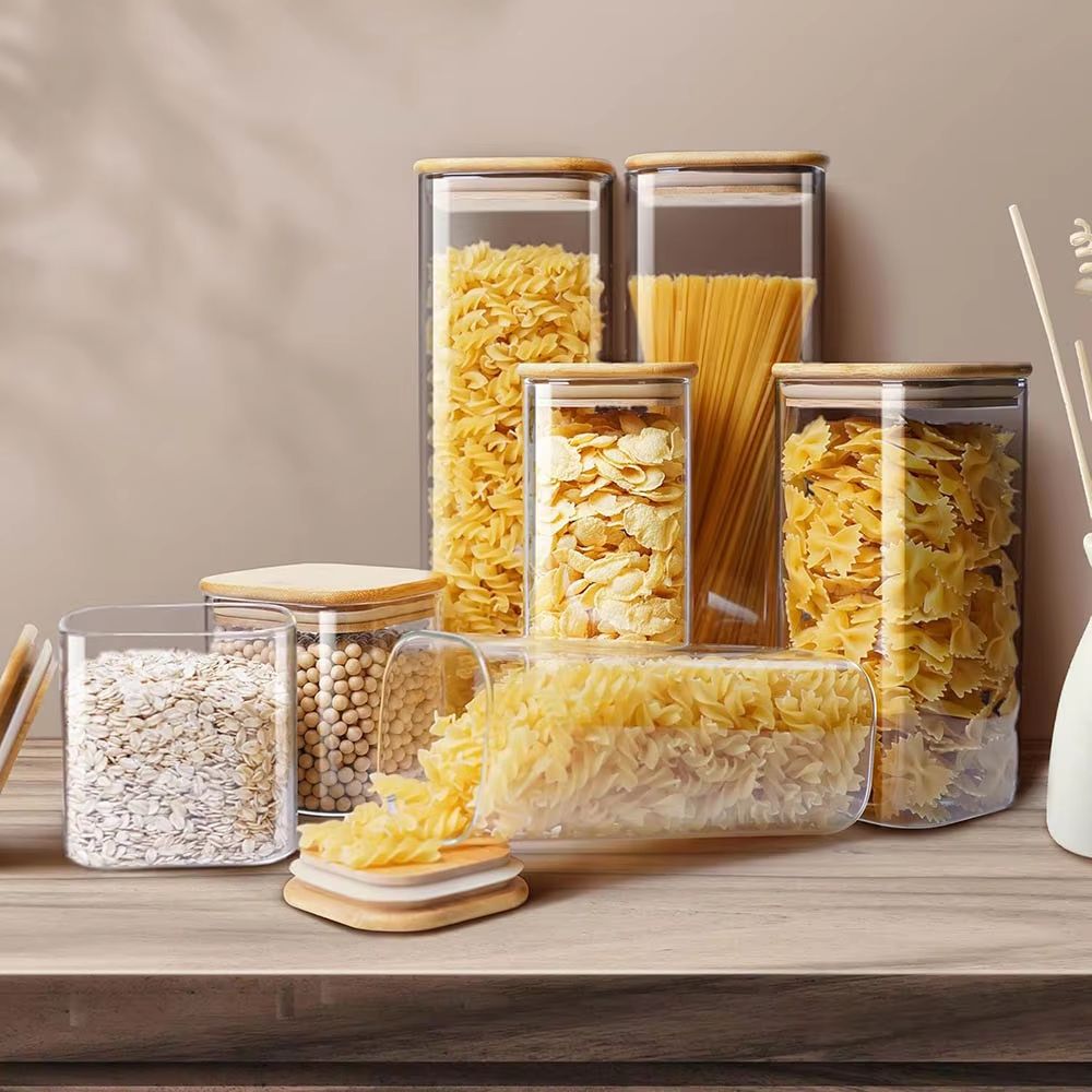 Eco Stack Square Glass Storage Jars With Bamboo Lid  Stylish Airtight Canisters For Coffee Grains   1