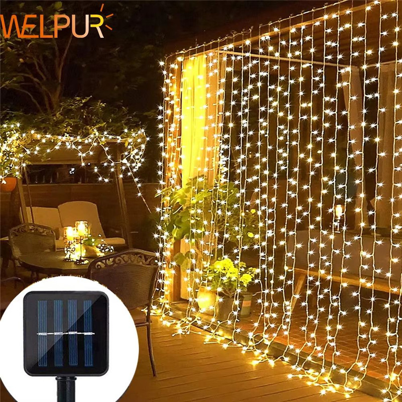 AzureGlow Solar Curtain LED String  300 LED Outdoor Waterproof Garland For Yard  Festive Decor 0