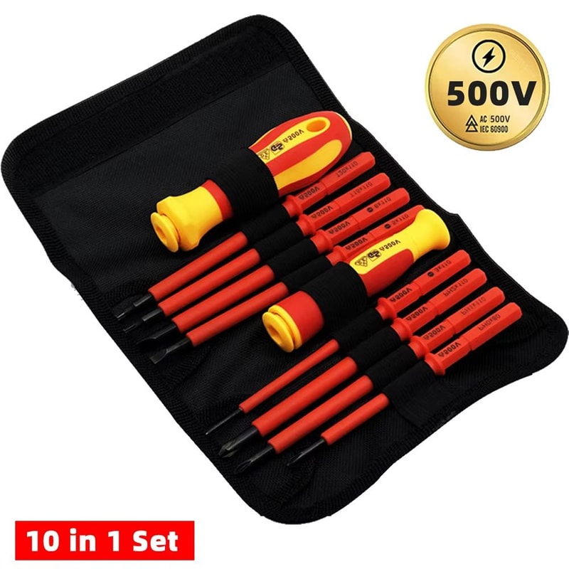 10Piece VDE Insulated Interchangeable Blade Screwdriver Set With Magnetic Tips 500V Rated Includes 0
