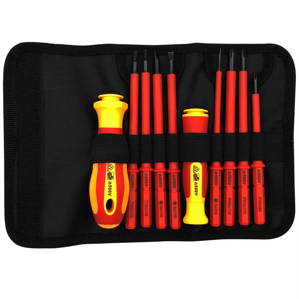 10Piece VDE Insulated Interchangeable Blade Screwdriver Set With Magnetic Tips 500V Rated Includes 6