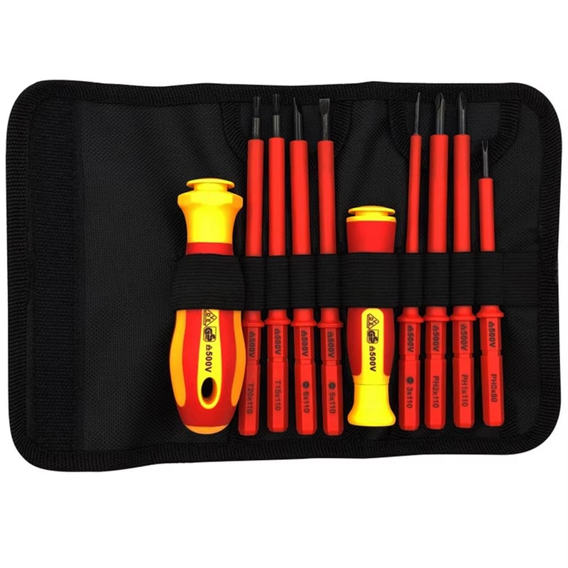 10Piece VDE Insulated Interchangeable Blade Screwdriver Set With Magnetic Tips 500V Rated Includes 6