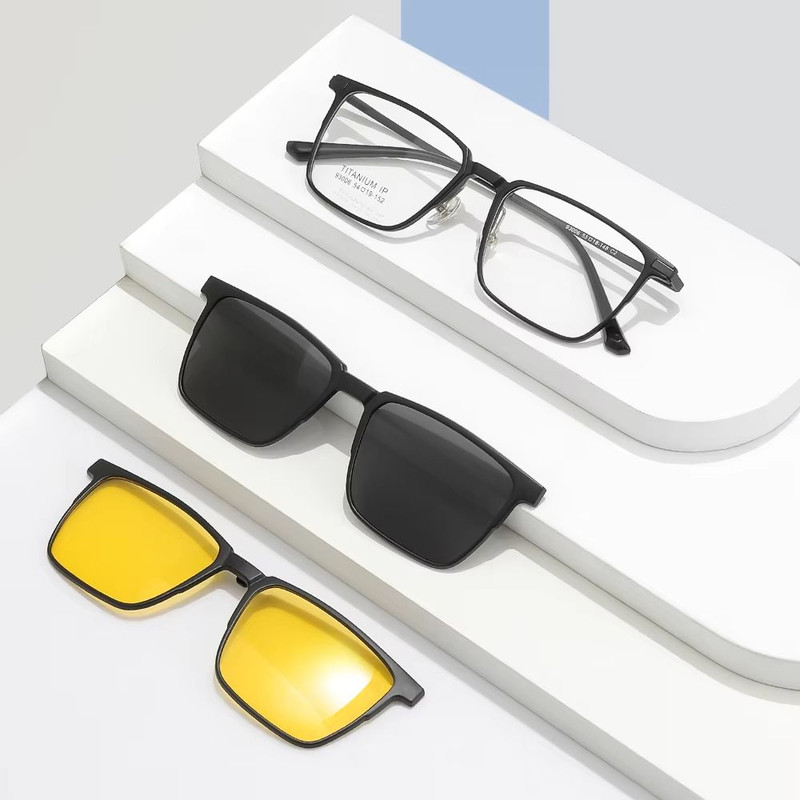 TitanVision 3in1 Pure Titanium Square Frame  ClipOn Polarized  NightVision Lenses Included 1