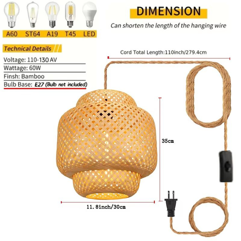 Bamboo Lantern Pendant Light  HandWoven Natural RattanWicker E27 Hanging Fixture For Home  Restaura 7