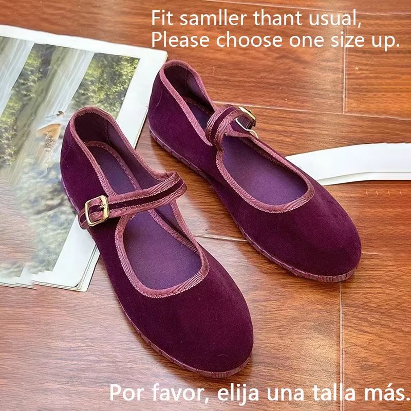 Velvet Mary Jane Streetwear Ballet Flats  Womens HandStitched Solid Colour Loafers 10