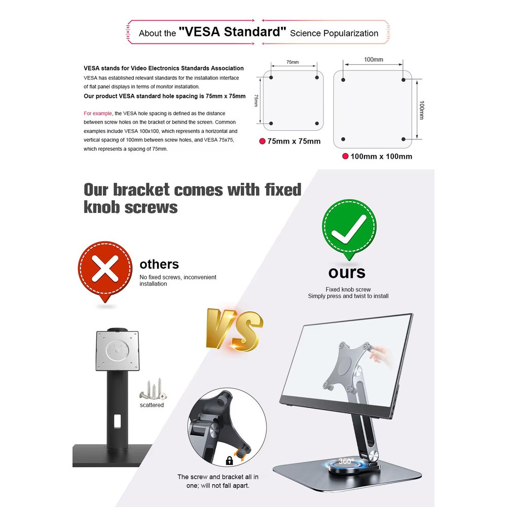 Aluminum Alloy 360deg Rotating Monitor Stand  Adjustable TableMounted Bracket With M4 Screw Base  H 3