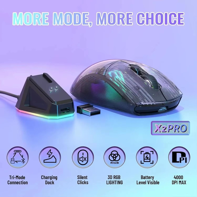 ATTACK SHARK X2 Pro Transparent Shell Wireless Gaming Mouse  TriMode 24G  BT  Wired With RGB Dock   3