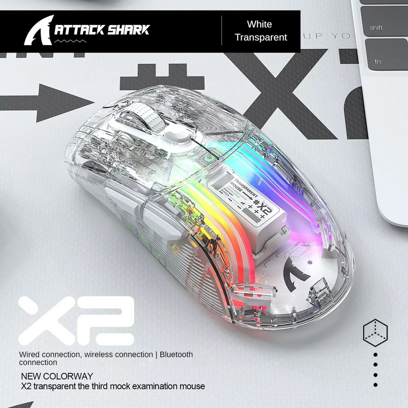 ATTACK SHARK X2 Pro Transparent Shell Wireless Gaming Mouse  TriMode 24G  BT  Wired With RGB Dock   6