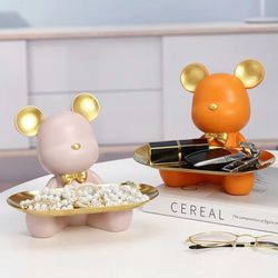 entryway key storage ornament - bear tray key holder figurine for home and coffee shop decoration