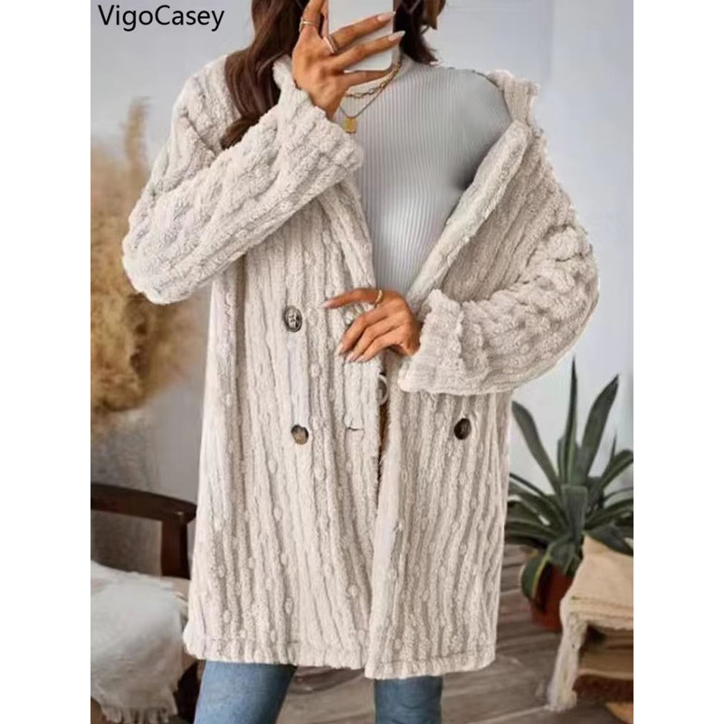 VigoCasey 2025 Womens DoubleBreasted Apricot Jacket  Plush Warm Coat With Turndown Collar For Autum 1