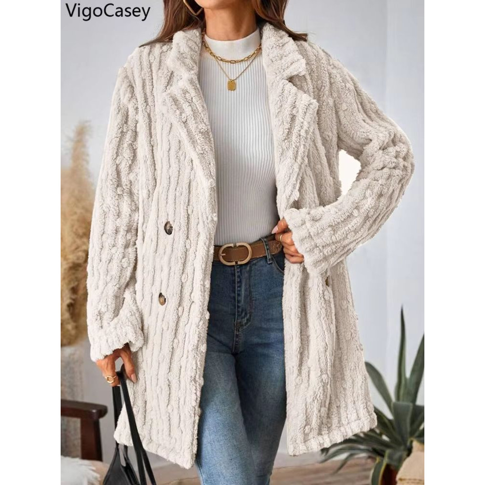 VigoCasey 2025 Womens DoubleBreasted Apricot Jacket  Plush Warm Coat With Turndown Collar For Autum 2