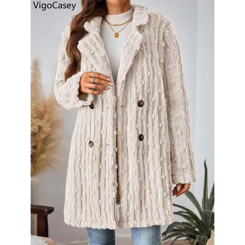 VigoCasey 2025 Womens DoubleBreasted Apricot Jacket  Plush Warm Coat With Turndown Collar For Autum 4