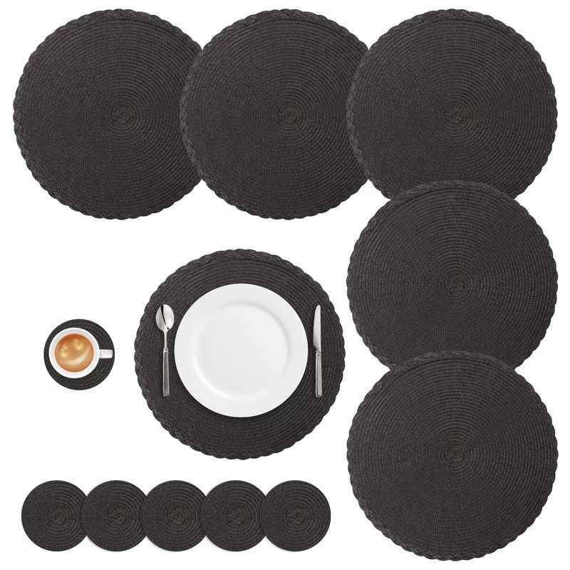 BraidedCircle Luxe Table Mat Set  6Piece Round Woven HeatResistant Placemats For Dining  Decor 14