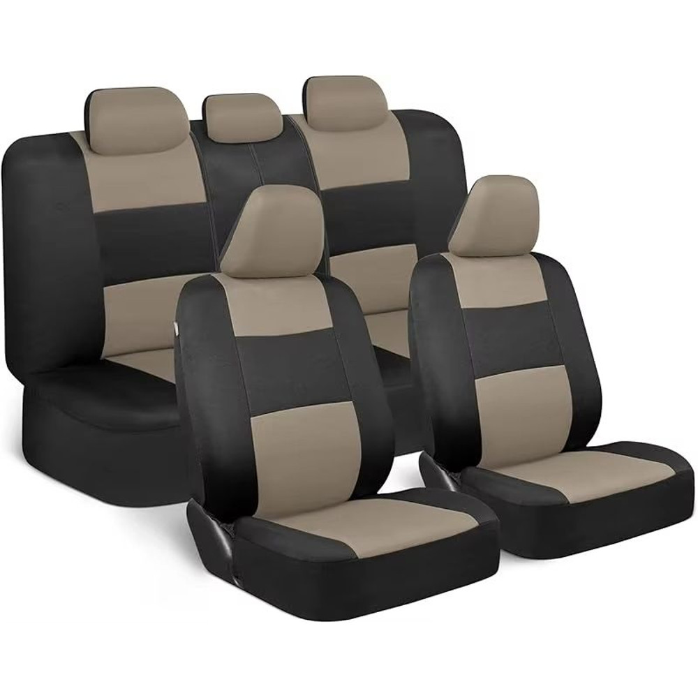 Universal Beige FullSet Car Seat Covers Front Rear Split Bench Fit For Trucks Vans SUVs 8