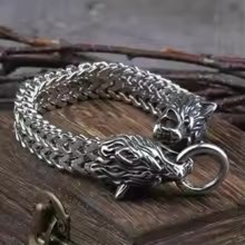 Viking WolfHead Stainless Steel Bracelet Nordic Wolf Head Personality Trendy Mens Accessory 4
