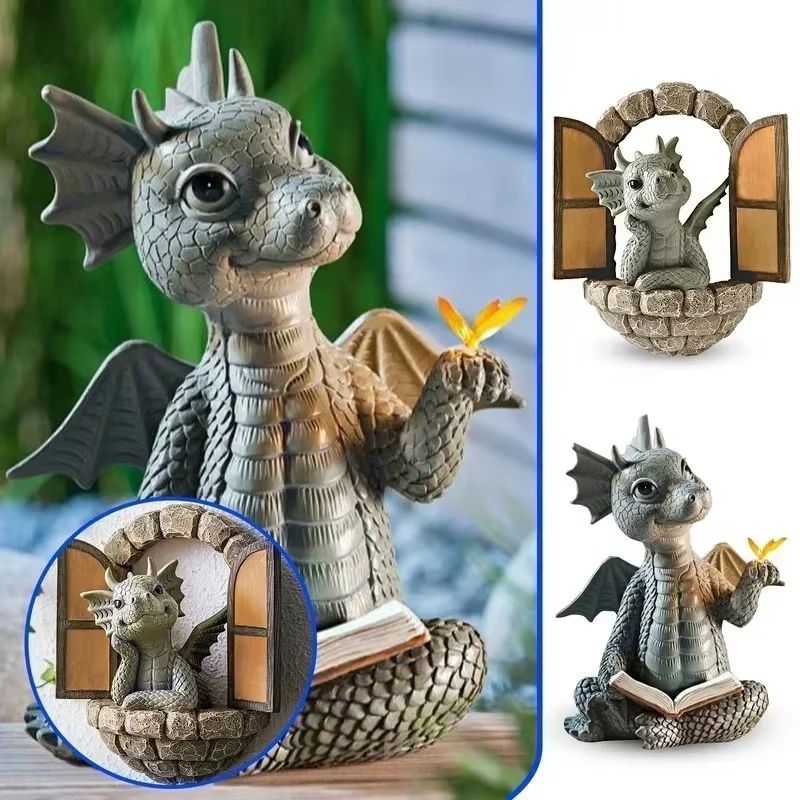 SolarPowered Resin Dragon Garden Statue  Mystical Dragon Sculpture With Solar LED Lighting For Outd 1