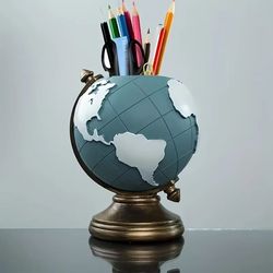 creative globe pen holder - resin desk organizer for office & home decor