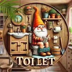 country farmhouse style wooden toilet sign – charming dwarf design round 8x8 inch