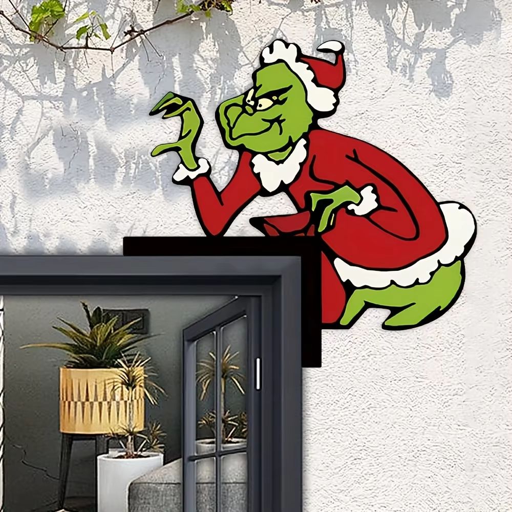Grinch Corner Door Hanging Decor SantaClad Grinch Figure For Festive Home Doorway 1