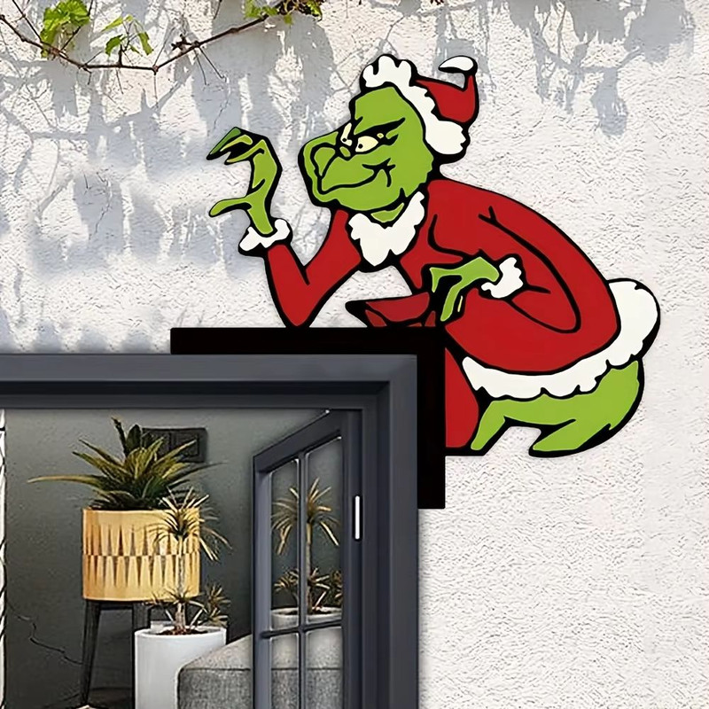 Grinch Corner Door Hanging Decor SantaClad Grinch Figure For Festive Home Doorway 1