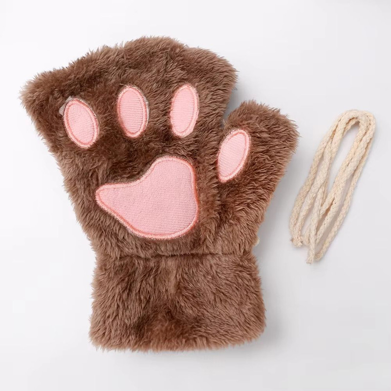 Cartoon Cute Cat Claw Paw Gloves Plush Mittens For Women Warm Soft Fingerless Bear Cat Gloves 12