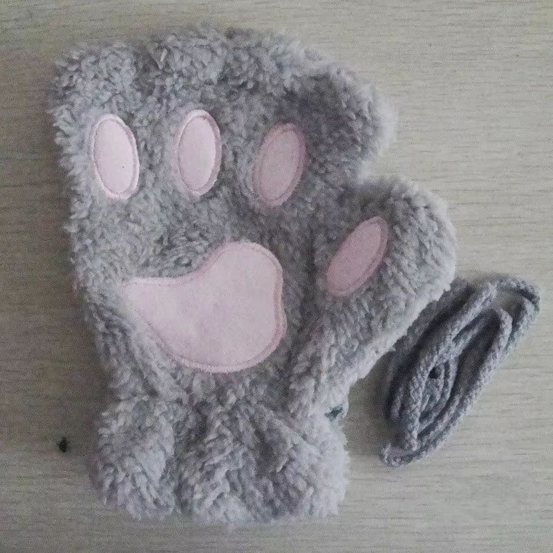 Cartoon Cute Cat Claw Paw Gloves Plush Mittens For Women Warm Soft Fingerless Bear Cat Gloves 14