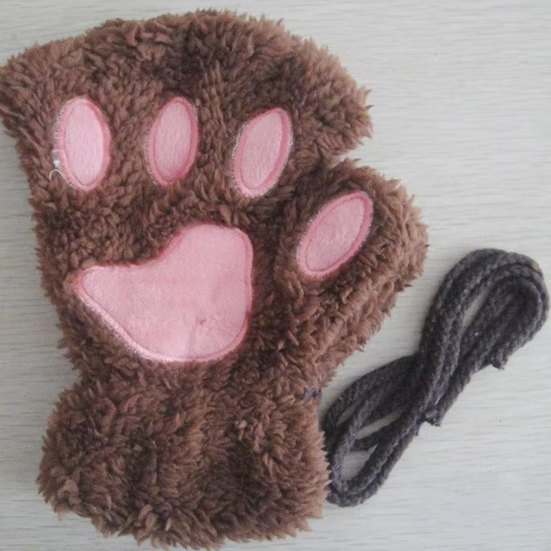 Cartoon Cute Cat Claw Paw Gloves Plush Mittens For Women Warm Soft Fingerless Bear Cat Gloves 8