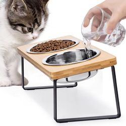 pawcomfort raised cat feeding station – 15° tilted elevated double bowls with wooden stand