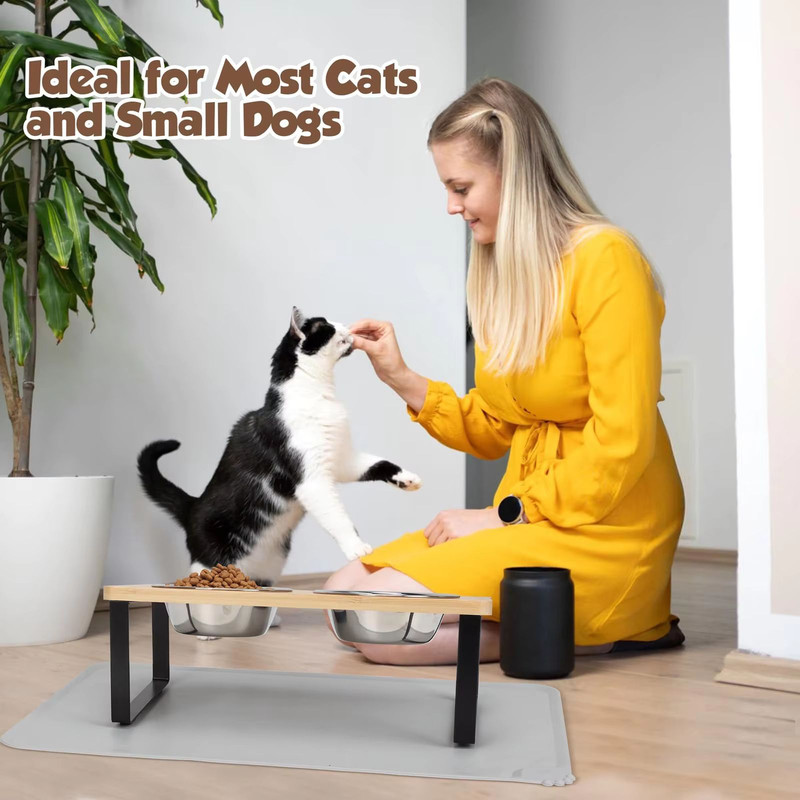 PawComfort Raised Cat Feeding Station 15 Tilted Elevated Double Bowls With Wooden Stand 4