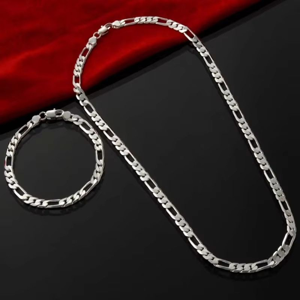 Noble 925 Silver 4MM Chain Bracelet And Necklace Jewelry Set For Men And Women 0