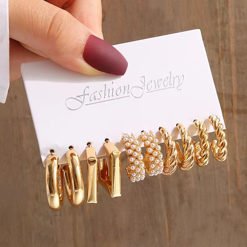 Gold Color Vintage Geometry Pearl Earrings Set Square Dangle And Round Earrings For Women Simple Tr 19