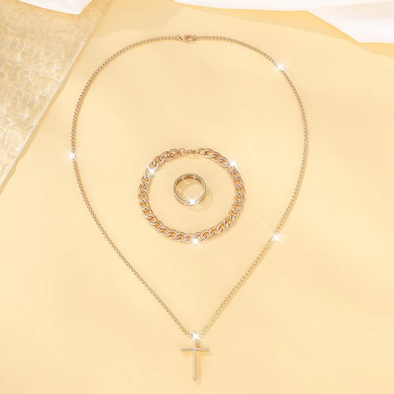 Mens Cross Jewelry Set Necklace Bracelet And Ring Fashion Alloy Christian Gift 9