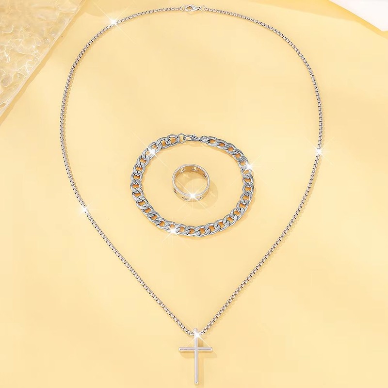 Mens Cross Jewelry Set Necklace Bracelet And Ring Fashion Alloy Christian Gift 10