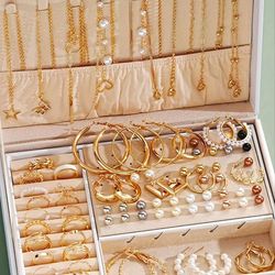 elegant pearl jewelry set with multi layered necklace pearl earrings ear studs and rings 4 in 1 set for women daily wear